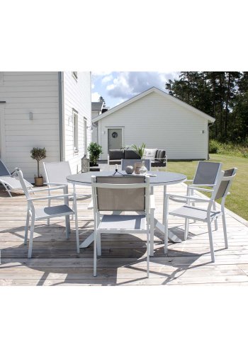 VENTURE DESIGN rund Copacabana havebord - gr glas og hvid aluminium (140)