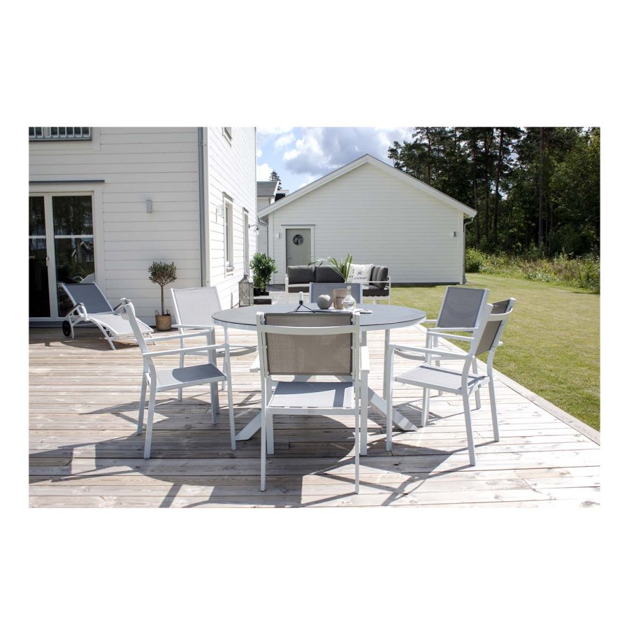 VENTURE DESIGN rund Copacabana havebord - gr glas og hvid aluminium (140)