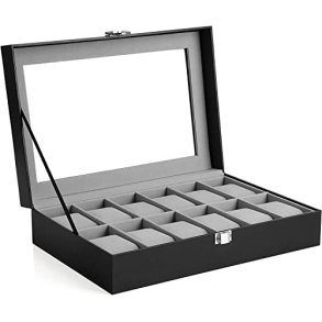 SONGMICS urboks, m. 12 rum, glaslg, aftagelige urpuder, metalls - gr for og sort kunstlder