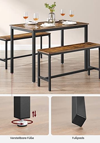 VASAGLE spisebord med 2 bnke - rustik brun spnplade og sort stl