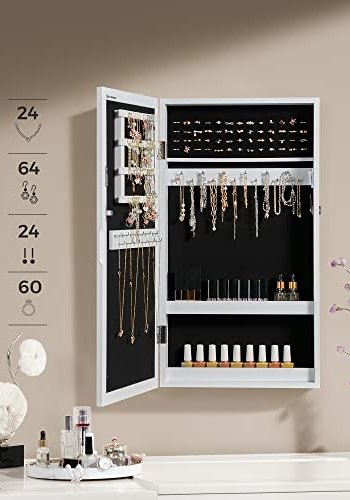 SONGMICS smykkeskab til vg, lsbar, m. spejl - spejlglas og hvid MDF