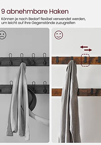 VASAGLE entréopstilling, m. 9 knager, 1 bjlestang, 1 sde, 2 hylder - brun spnplade og sort stl