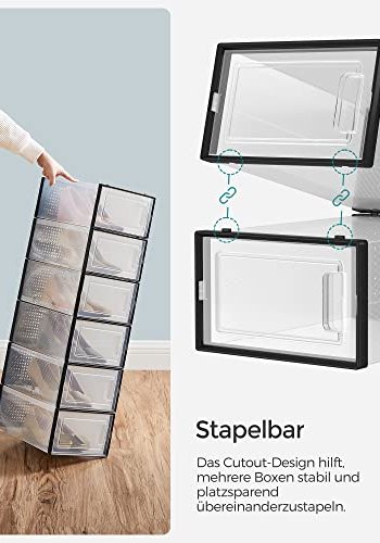 SONGMICS skoreol, stabelbar, foldbar, op til UK strrelse 10.5, m. 18 kasser - klar og sort plastik