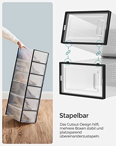 SONGMICS skoreol, stabelbar, foldbar, op til UK strrelse 10.5, m. 18 kasser - klar og sort plastik