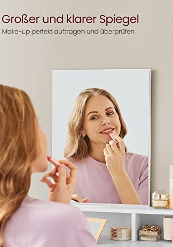 VASAGLE makeup bord, m. spejl, 2 skuffer, 3 rum - spejlglas og hvid melamin (80x40)