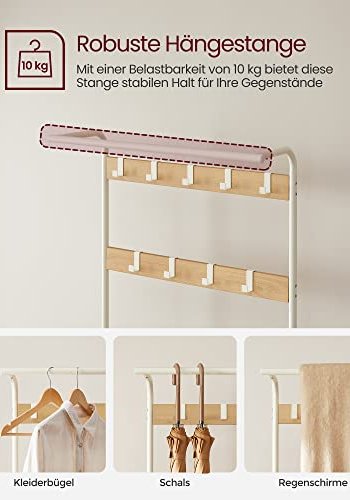 VASAGLE entréopstilling, m. 9 kroge, 1 bjlestang, 3 hylder - natur spnplade og creme stl