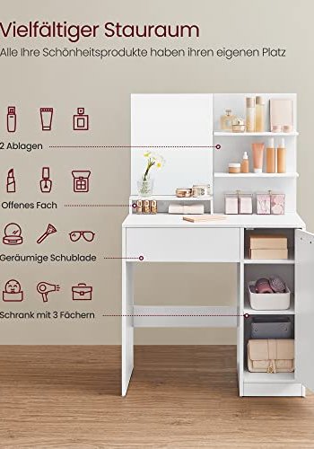 VASAGLE makeup bord, m. spejl, 1 skuffe, 4 hylder, 1 skab- spejlglas og hvid spnplade (80x40)