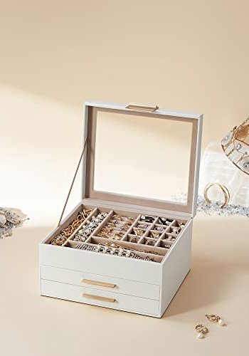 SONGMICS smykkeskrin, 3-lag, m. glaslg og 2 skuffer - guld og hvid kunstlder