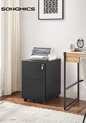 SONGMICS mobilt arkivskab, m. 3 skuffer, lsbar stlsokkel, hngemappe skinner, hjul - sort stl