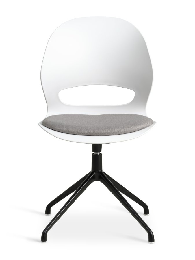Linea spisebordsstol, m. drejefunktion og gr stofhynde - hvid PVC og sort metal