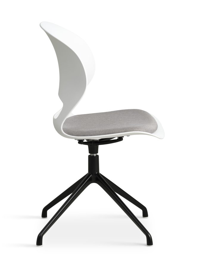 Linea spisebordsstol, m. drejefunktion og gr stofhynde - hvid PVC og sort metal