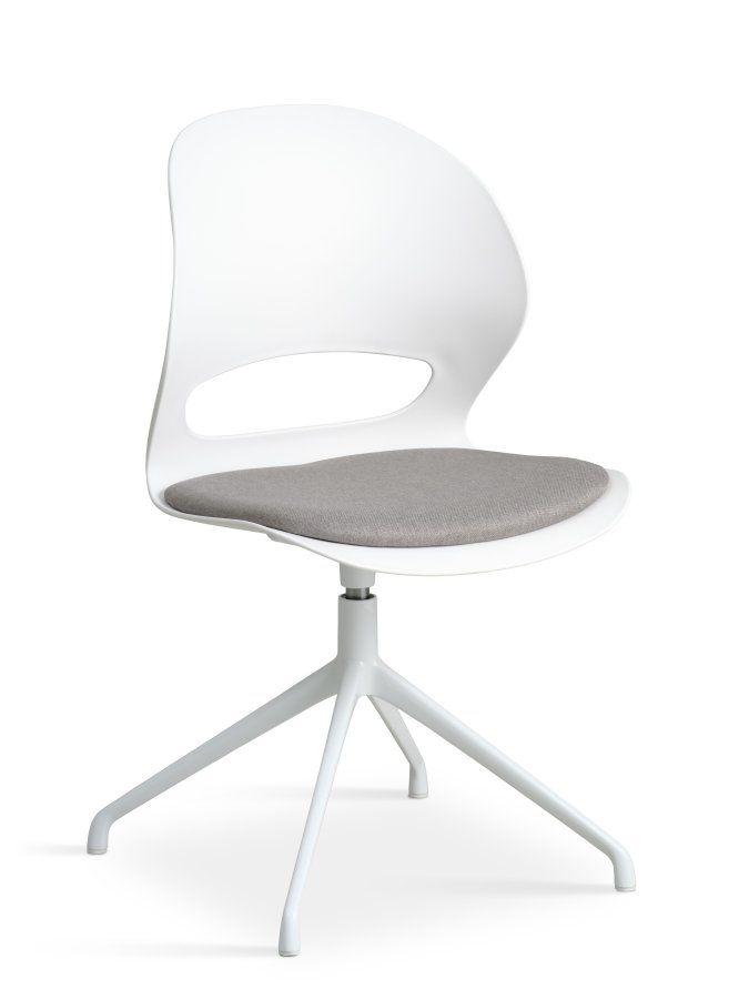 Linea spisebordsstol, m. drejefunktion og gr stofhynde - hvid PVC og hvid metal