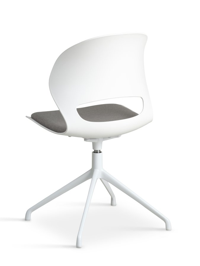 Linea spisebordsstol, m. drejefunktion og gr stofhynde - hvid PVC og hvid metal