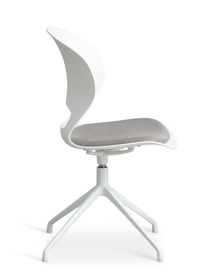 Linea spisebordsstol, m. drejefunktion og gr stofhynde - hvid PVC og hvid metal