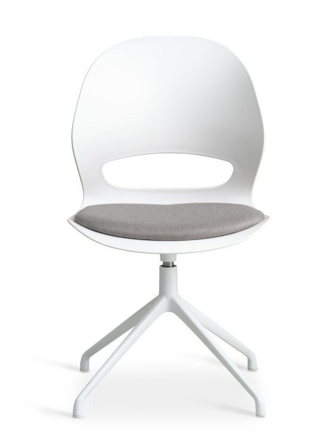 Linea spisebordsstol, m. drejefunktion og gr stofhynde - hvid PVC og hvid metal