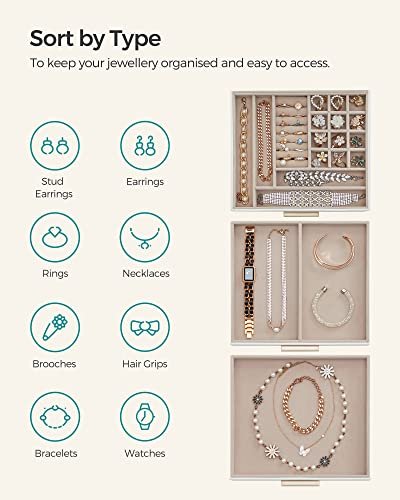 SONGMICS smykkeskrin, 3-lag, m. glaslg og 2 skuffer - guld og hvid kunstlder