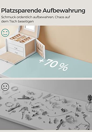 SONGMICS smykkeskrin, 3 lag, m. hndtag, 2 skuffer, lsbar, m. spejl - hvid