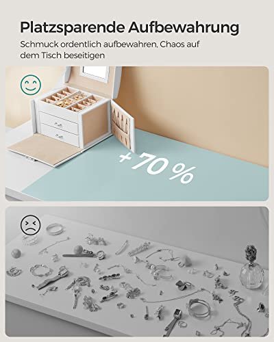 SONGMICS smykkeskrin, 3 lag, m. hndtag, 2 skuffer, lsbar, m. spejl - hvid