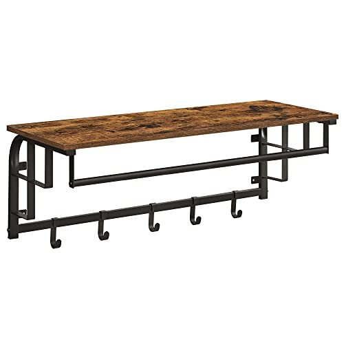 VASAGLE hattehylde, m. bjlestang og 5 aftagelige kroge - rustik brun spnplade og sort stl