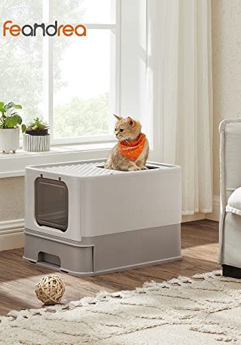 FEANDREA kattebakke, m. lg og udtrksskuffe, til katte op til 15 kg - lys og varm gr plastik
