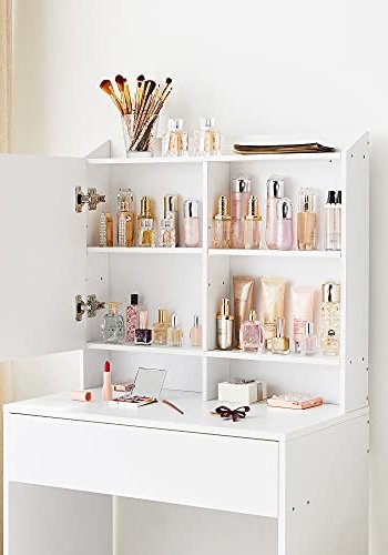 VASAGLE makeupbord, m. spejl, 1 skuffe og 2 hylder - spejlglas og hvid spnplade (70x40)