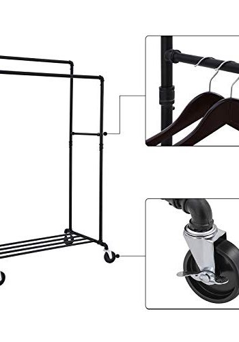 SONGMICS Industrial Pipe Tjstativ p hjul, Maksimal belastning p 110 kg, Dobbelt hngeskinne, Heavy Duty Metal med hylde, kommerciel kvalitet, Sort HSR60B
