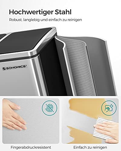 SONGMICS affaldspand, 3-rums, pedal, m. soft-close lg, indvendig plastspand, hndtag - slv stl