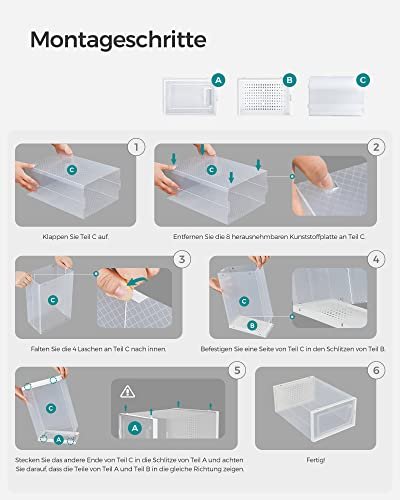SONGMICS skoske, stabelbar, foldbar, passer op til UK strrelse 10.5 - klar/hvid plast (st med 18)
