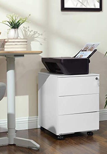 Songmics arkivskab, lsbar, m. 3 skuffer og hjul - hvid stl