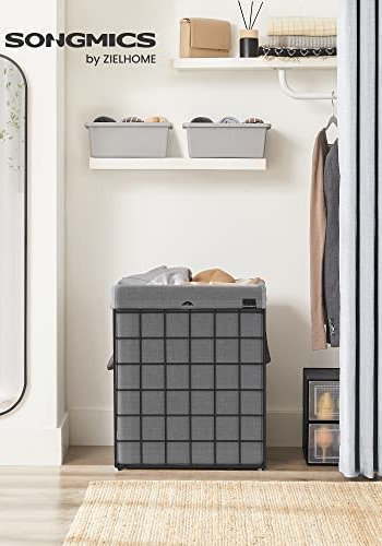 SONGMICS vasketjskurv, sammenklappelig, med aftagelig vaskbar pose - gr stof og sort stl