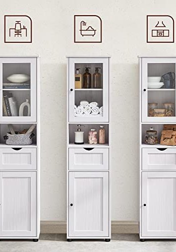 VASAGLE badevrelsesskab, m. 2 lger, justerbare hylder og 1 skuffe - glas og hvid trkorn spnplade