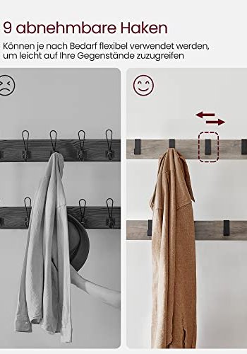 VASAGLE entréopstilling, m. 9 kroge, 1 bjlestang, 3 hylder - greige spnplade og sort stl