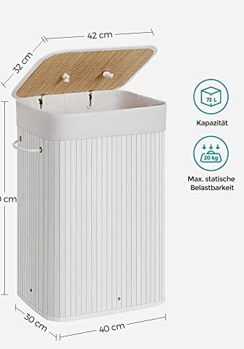 SONGMICS vasketjskurv, foldbar, m. 3 hndtag - bomuld og hvid bambus