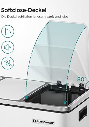 SONGMICS affaldsspand, 3-rums pedalspand, softclose lg, indvendige plastspande, hndtag - hvid stl
