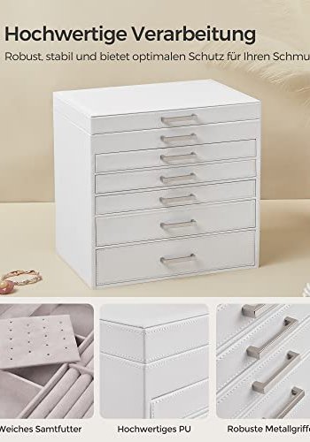 SONGMICS smykkeskrin, m. 6 lag, 5 skuffer, spejl - hvid MDF
