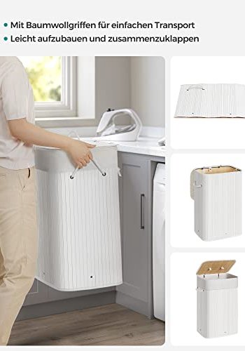 SONGMICS vasketjskurv, foldbar, m. 3 hndtag - bomuld og hvid bambus