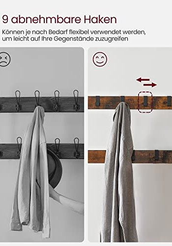 VASAGLE entréopstilling, m. 9 kroge, 1 bjlestang, 3 hylder - brun MDF og sort stl