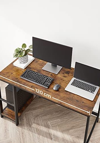 VASAGLE skrivebord, m. 2 hylder - rustik brun spnplade og sort stl (120x60)