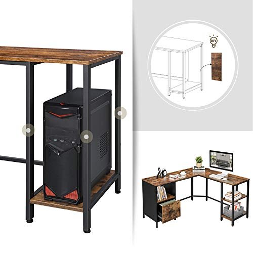 VASAGLE hjrneskrivebord, m. hngemappeskab, 2 hylder - brun spnplade og sort stl (137x151)