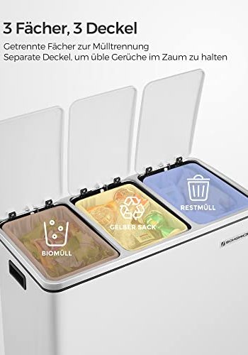 SONGMICS affaldsspand, 3-rums pedalspand, softclose lg, indvendige plastspande, hndtag - hvid stl