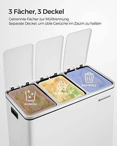 SONGMICS affaldsspand, 3-rums pedalspand, softclose lg, indvendige plastspande, hndtag - hvid stl