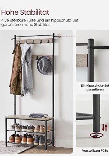 VASAGLE entréopstilling, m. 9 kroge, 3 hylder - greige spnplade og sort stl