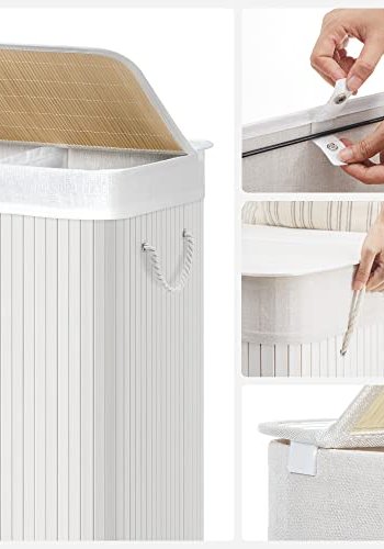 SONGMICS vasketjskurv, m. 3 sektioner, clip-on lg og hndtag - hvid bomuld og hvid bambus