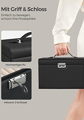 SONGMICS smykkeskrin, m. 2 skuffer, spejl, rejseetui - sort kunstlder