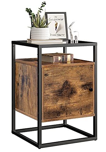 VASAGLE sengebord, m. 1 lge og 1 hylde - hrdet glas, rustik brun spnplade og sort jern (40x40)