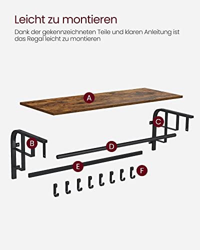 VASAGLE hattehylde, m. bjlestang og 5 aftagelige kroge - rustik brun spnplade og sort stl