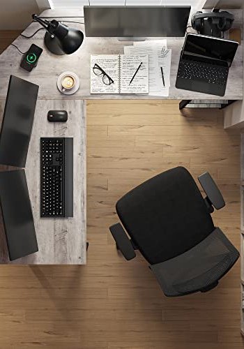 VASAGLE L-formet hjrneskrivebord, m. 2 hylder - greige spnplade og sort stl