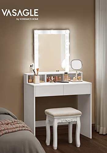 VASAGLE makeup bord, m. spejl, lysprer, 2 skuffer, 3 rum - spejlglas og hvid spnplade (80x40)
