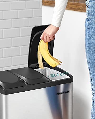 SONGMICS affaldsspand, m. 3 rum, pedaler - slv rustfrit stl og sort polypropylen