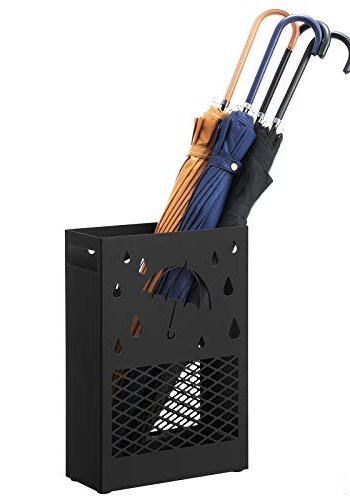 SONGMICS paraplyholder, rektangulr, m. aftagelig vanddrypbakke, 4 kroge, udskringer - sort stl